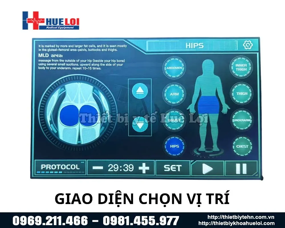 Giao diện chọn vị trí máy laser trị liệu tần số thấp